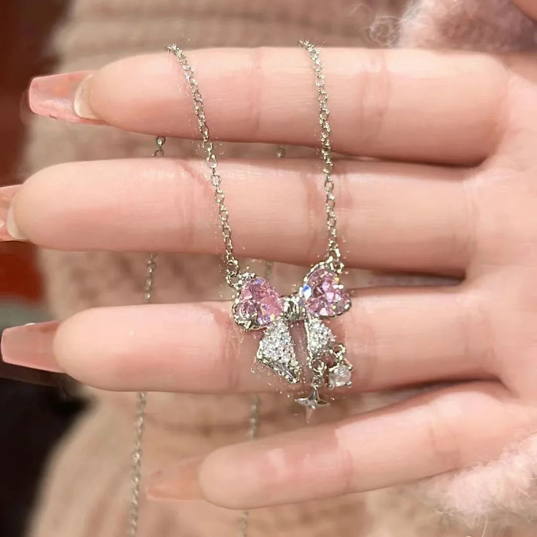 Pink bow necklace sweet cool