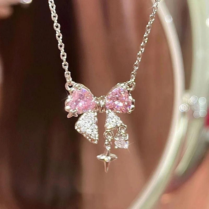 Pink bow necklace sweet cool