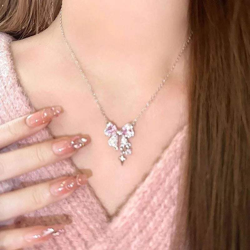 Pink bow necklace sweet cool