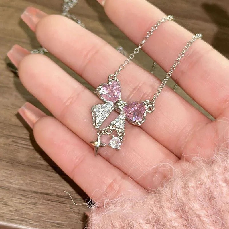 Pink bow necklace sweet cool