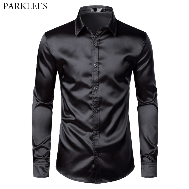 Men's Black Satin Luxury Dress Shirts